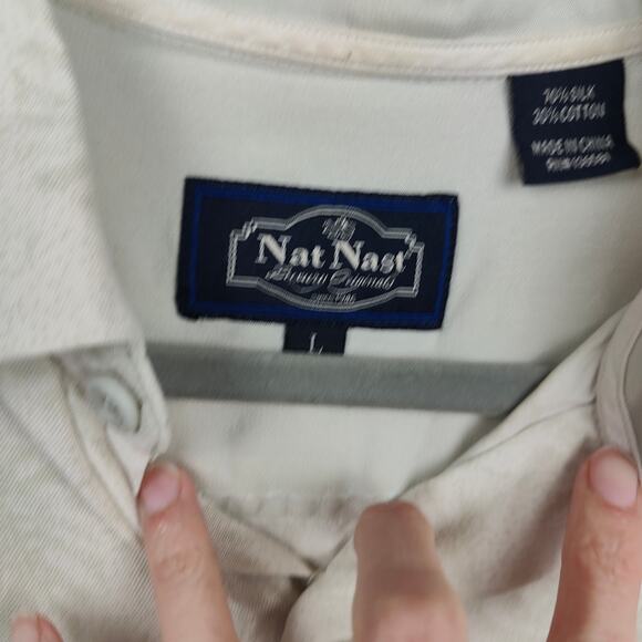 Nat Nast Button Up Shirt Mens Large Cream Green Silk Cotton Blend Camp Hawaiian - Picture 5 of 7